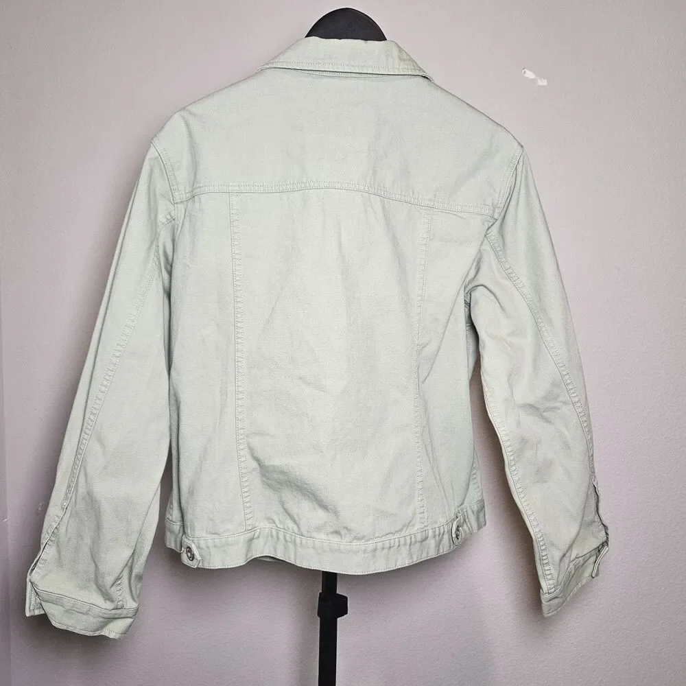 Eddie Bauer Womens L Light Green Denim Jacket Cotton Button Front Casual Trucker